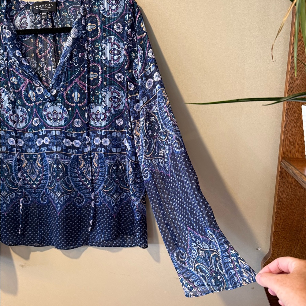 Laundry Blue Floral/Paisley Intricate Print Top with Metallic Silver Threads - Picture 8 of 16